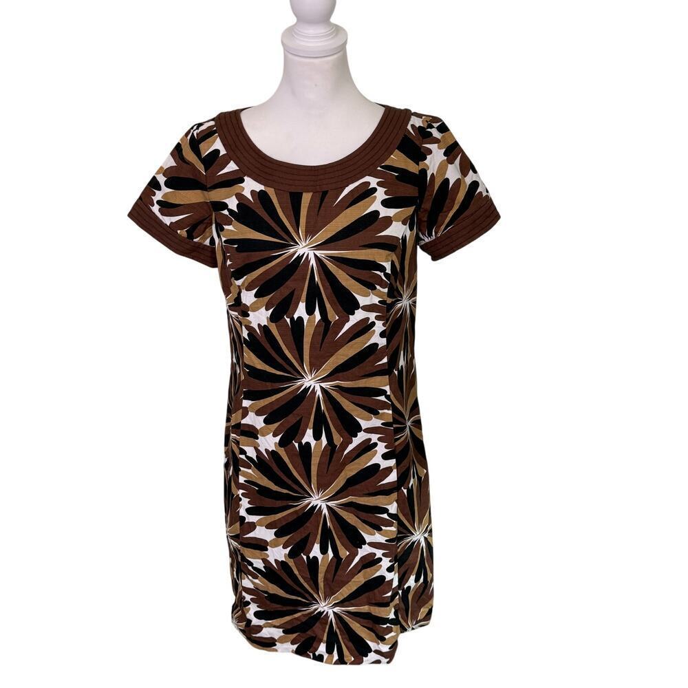 boden dress scoop neck brown and white flower design womens size 8 R knee length